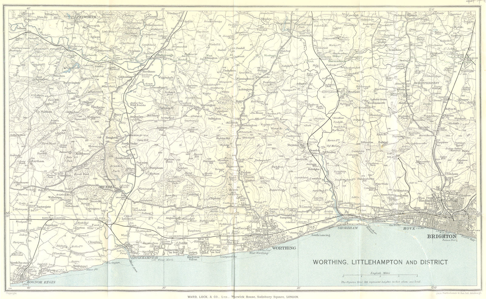 SUSSEX COAST.Brighton Worthing Bogor Regis Arundel S Downs.WARD LOCK 1936 map